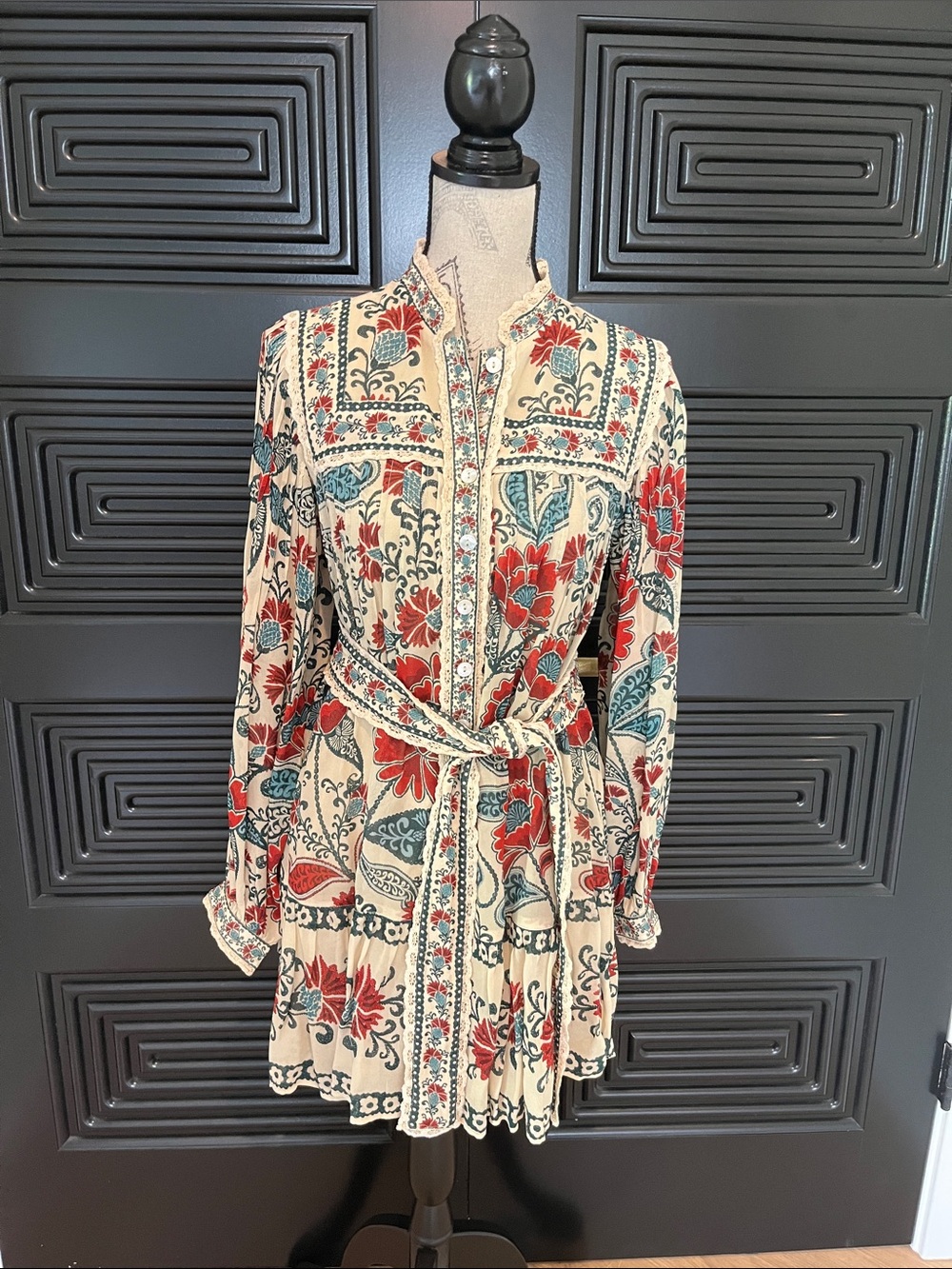 FARM Rio Cream Shirt Dress with Red & Teal Floral Print